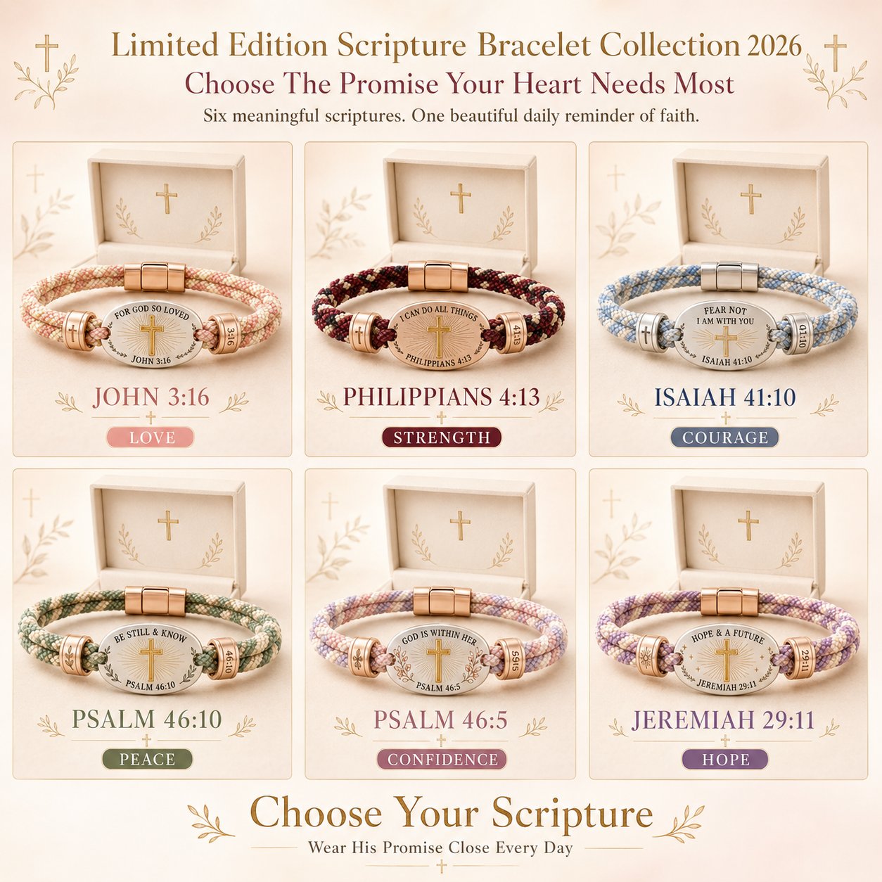 🔥 LAST DAY 54% OFF – ✝️ Christian Scripture Faith Bracelet Collection | 6 Meaningful Bible Verse Designs with Raised Gold Cross, Magnetic Clasp & Matching Gift Box 💗✨