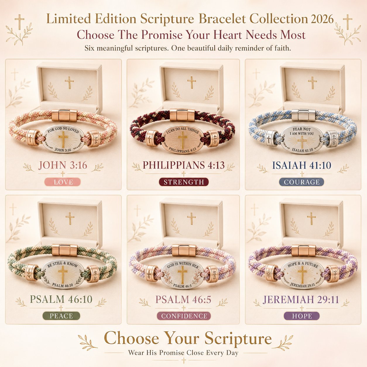 🔥 LAST DAY 54% OFF – ✝️ Christian Scripture Faith Bracelet Collection | 6 Meaningful Bible Verse Designs with Raised Gold Cross, Magnetic Clasp & Matching Gift Box 💗✨