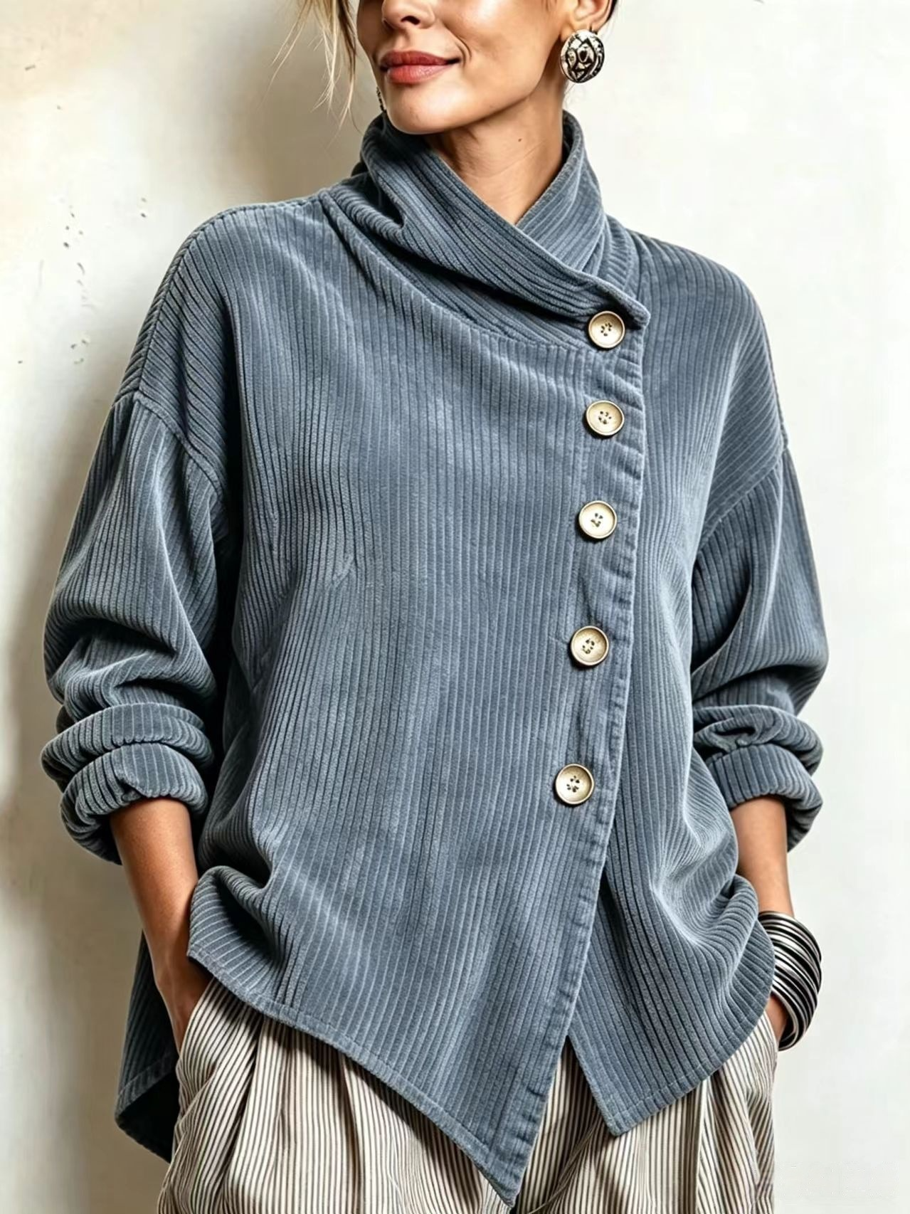 Autumn 2026 New Arrival – Women's Asymmetrical Loose-Fit Dropped-Shoulder Jacket with Diagonal Button Closure