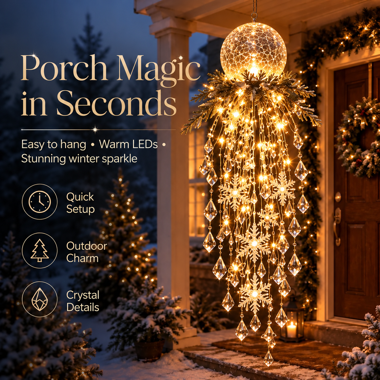 Porch transformed by crystal cascade light