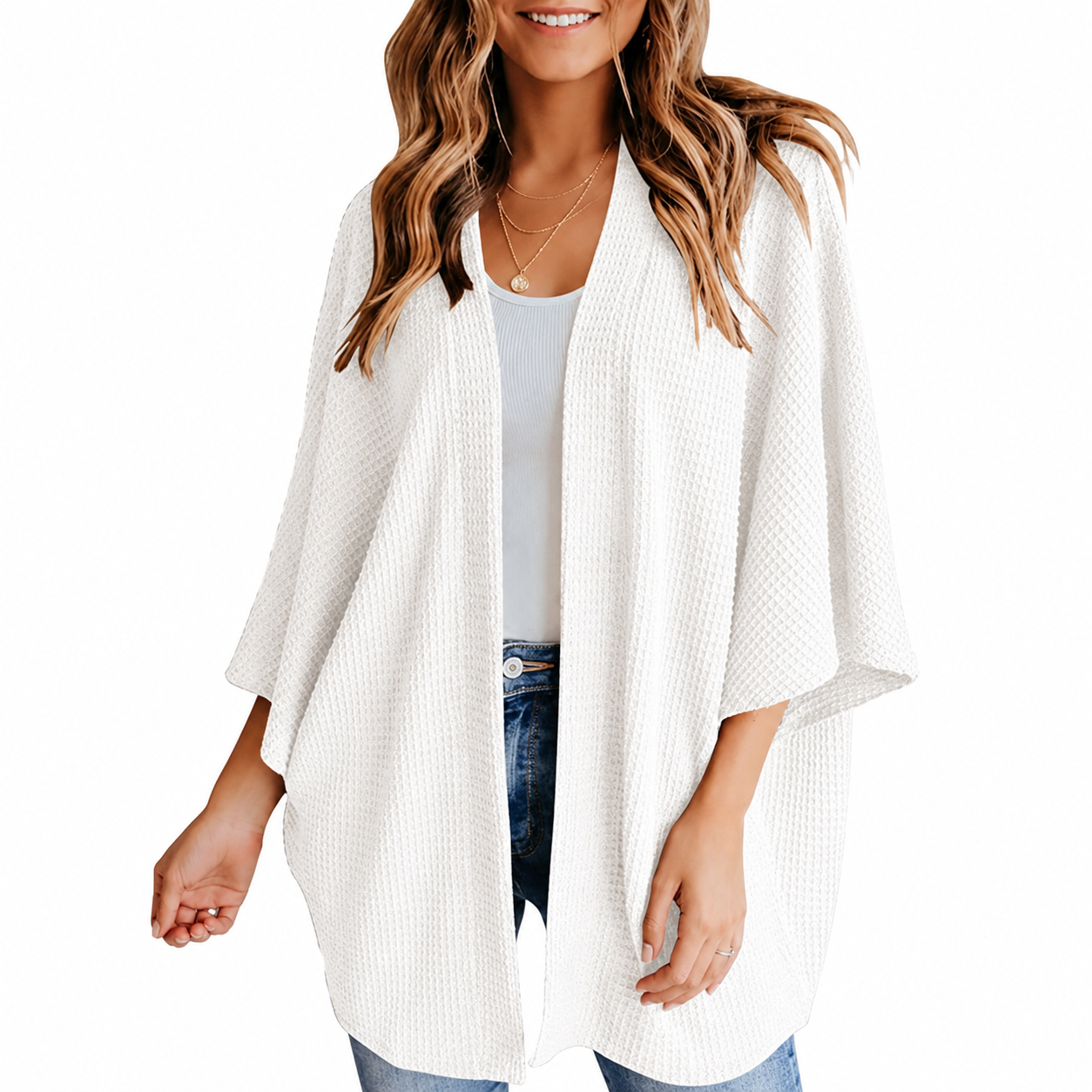Women's Waffle Knit Open-Front Kimono Cardigan Cover-Up