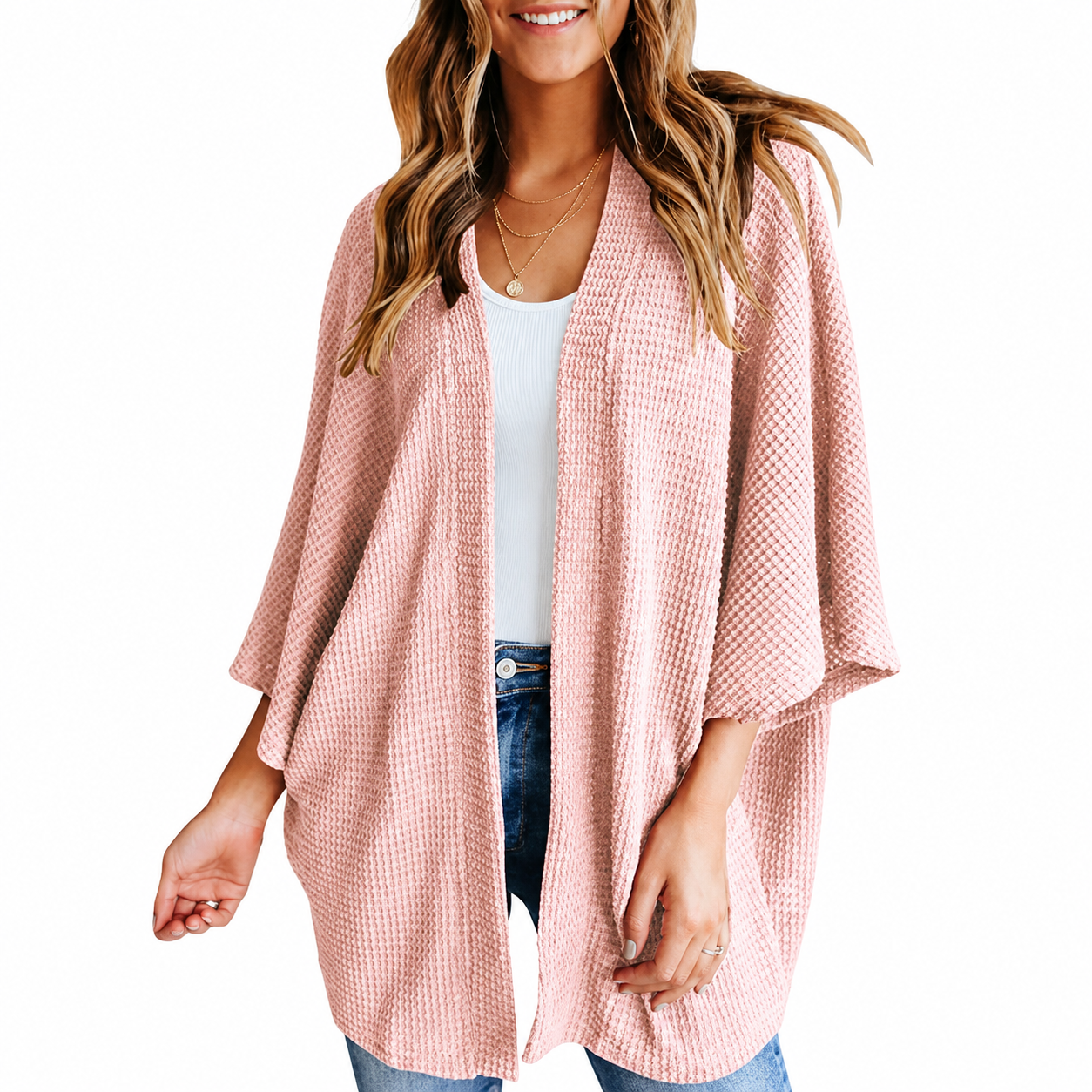 Women's Waffle Knit Open-Front Kimono Cardigan Cover-Up