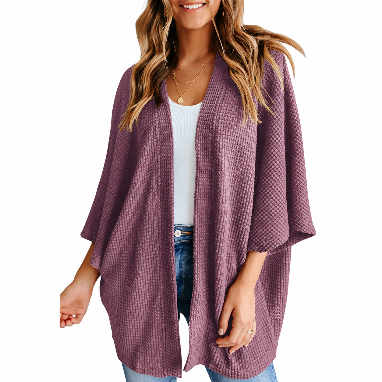Women's Waffle Knit Open-Front Kimono Cardigan Cover-Up