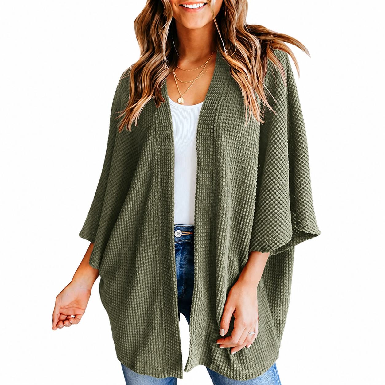 Women's Waffle Knit Open-Front Kimono Cardigan Cover-Up