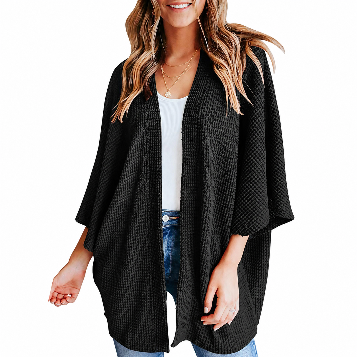 Women's Waffle Knit Open-Front Kimono Cardigan Cover-Up