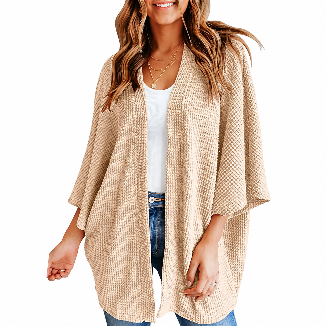 Women's Waffle Knit Open-Front Kimono Cardigan Cover-Up