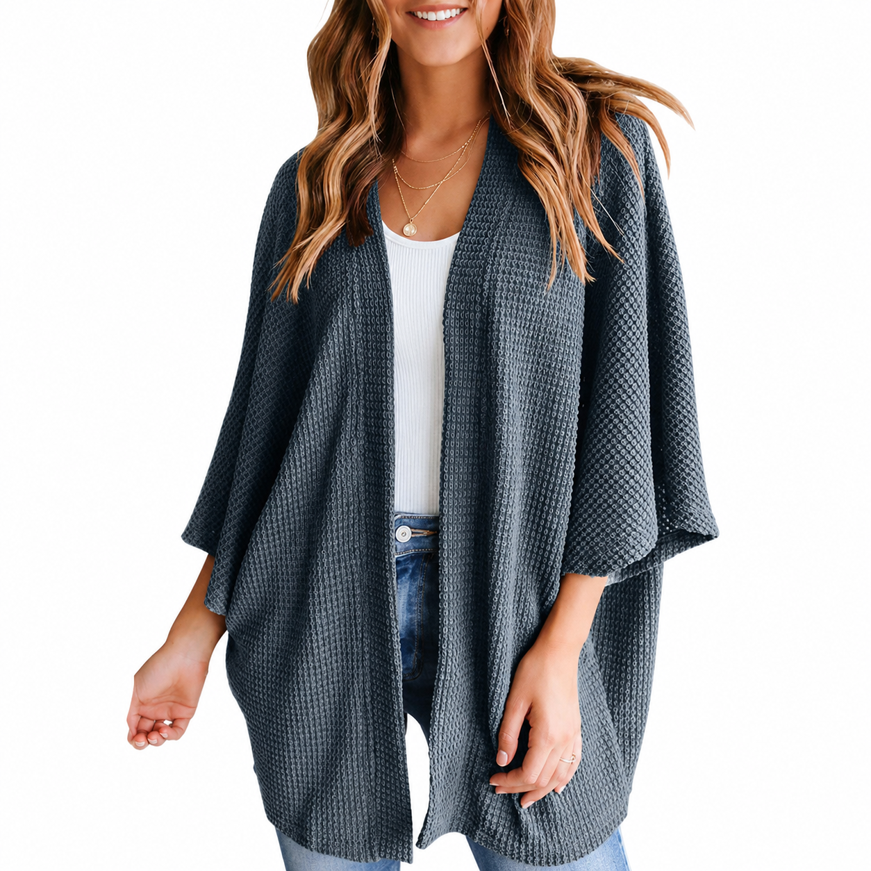 Women's Waffle Knit Open-Front Kimono Cardigan Cover-Up