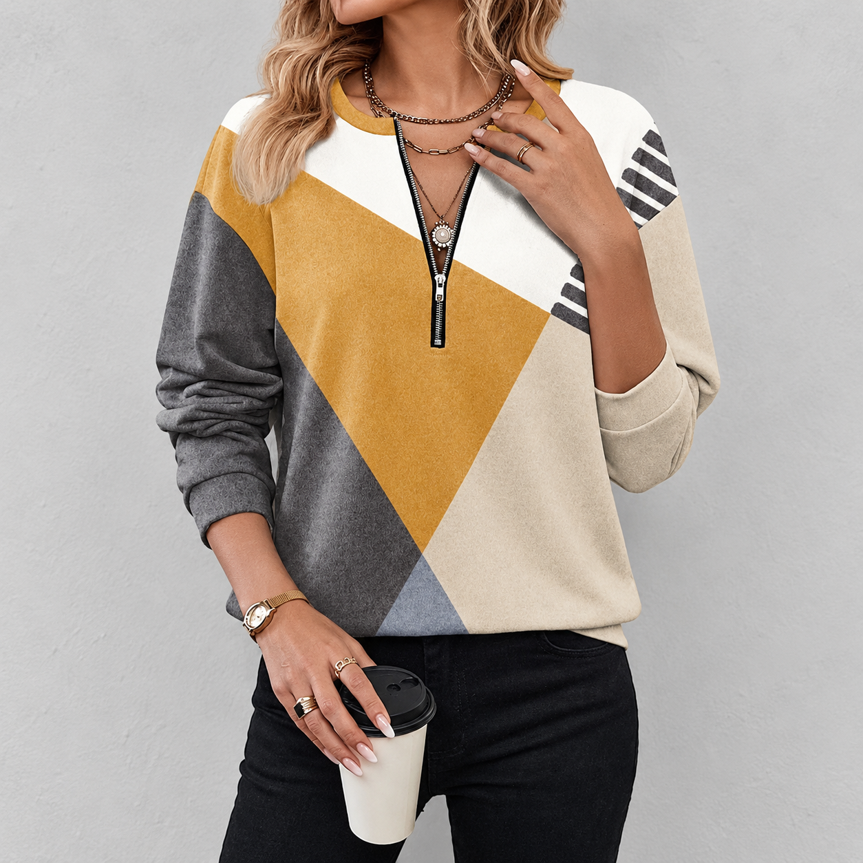 🛒Clearance Sale🔥 Women’s Geometric Colorblock Quarter-Zip Top