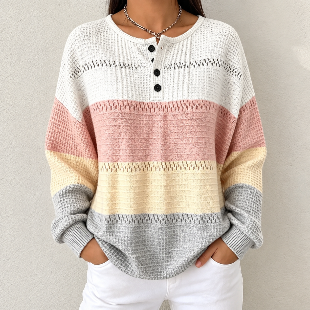 🛒 CLEARANCE SALE 🔥 Women's Warm-Toned Color-Block Loose-Fit Knit Top