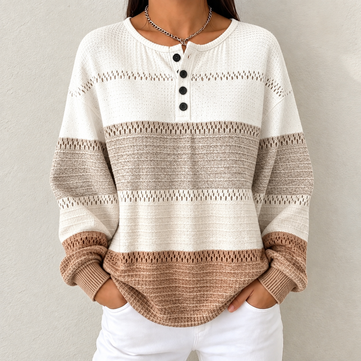 🛒 CLEARANCE SALE 🔥 Women's Warm-Toned Color-Block Loose-Fit Knit Top