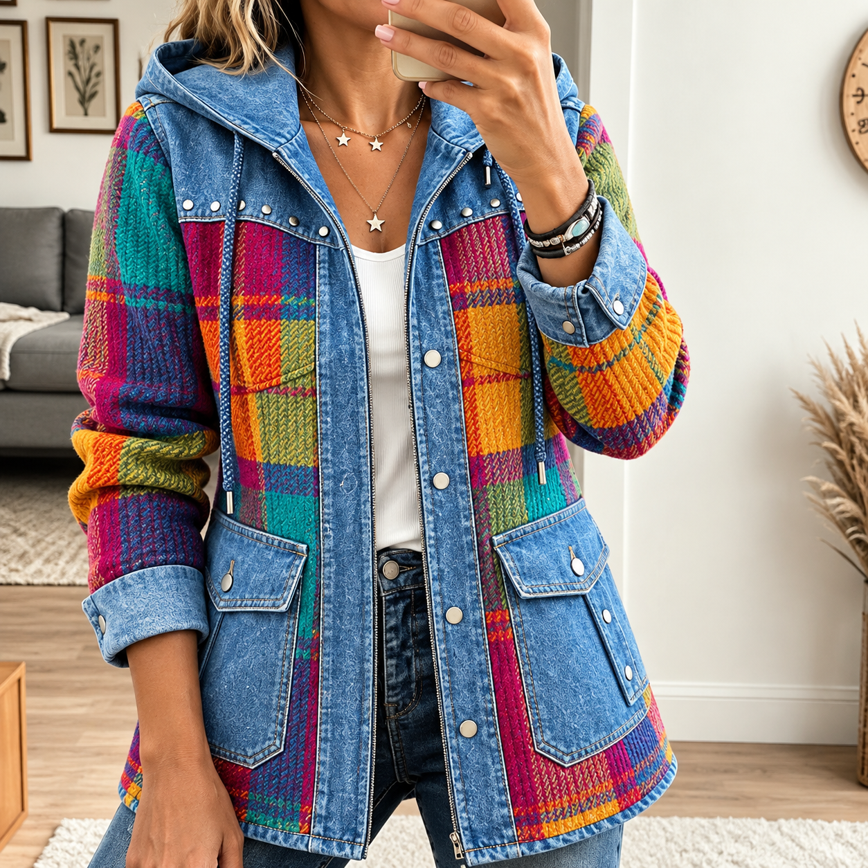 Women's Casual Color‐Block Splicing Drawstring Hood Zip‐Up Rivet Stud Decoration Pockets Long Sleeve Jacket