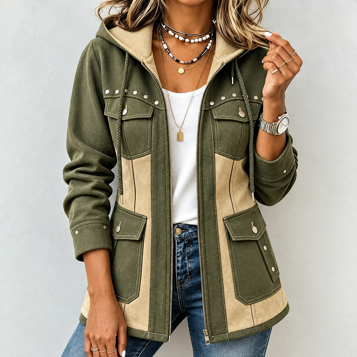 Women's Casual Color‐Block Splicing Drawstring Hood Zip‐Up Rivet Stud Decoration Pockets Long Sleeve Jacket