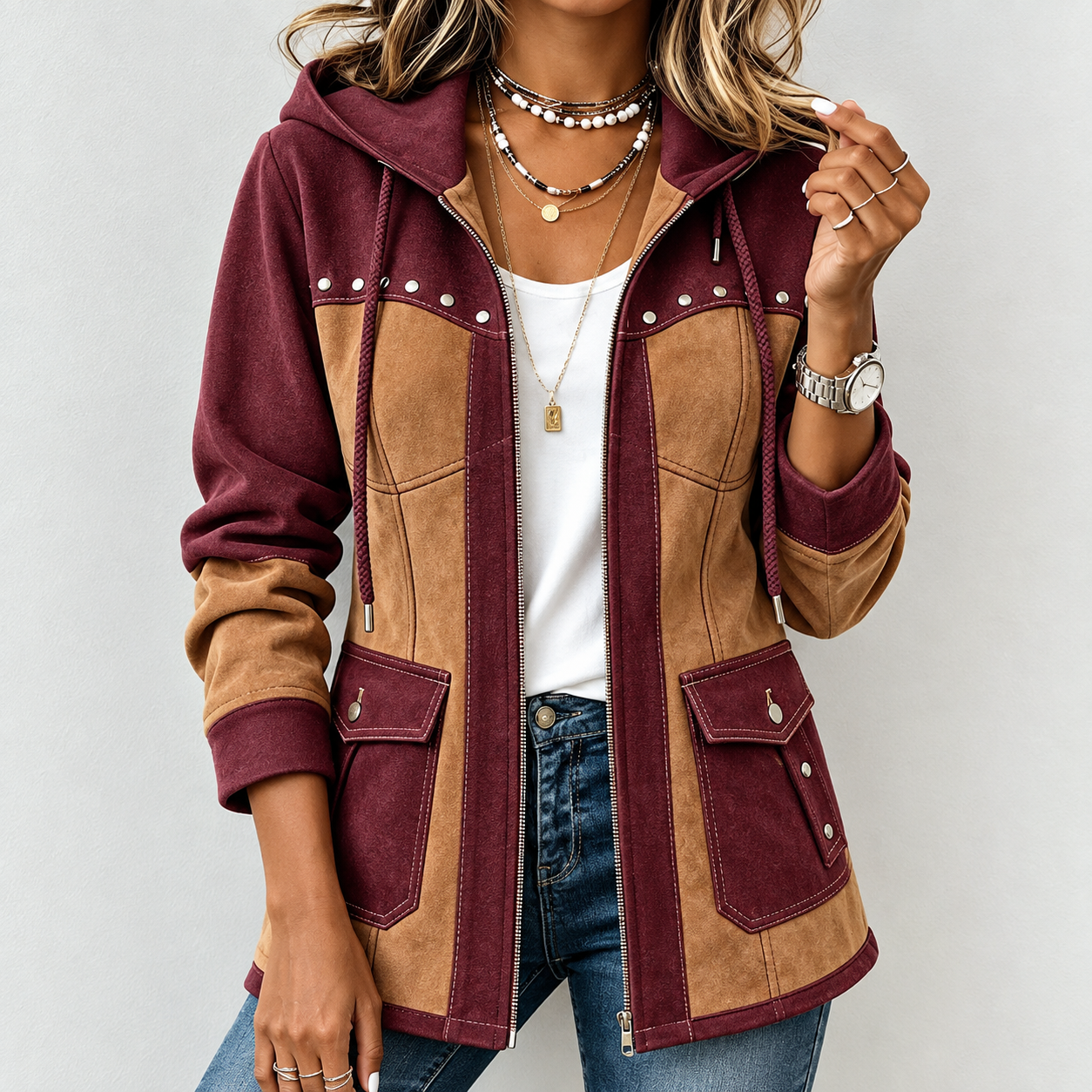 Women's Casual Color‐Block Splicing Drawstring Hood Zip‐Up Rivet Stud Decoration Pockets Long Sleeve Jacket