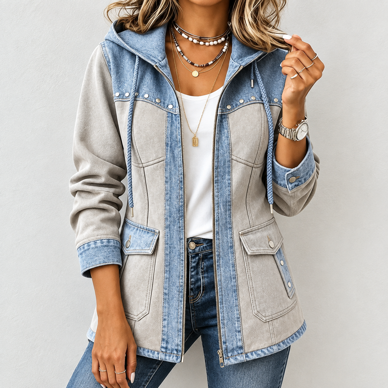 Women's Casual Color‐Block Splicing Drawstring Hood Zip‐Up Rivet Stud Decoration Pockets Long Sleeve Jacket