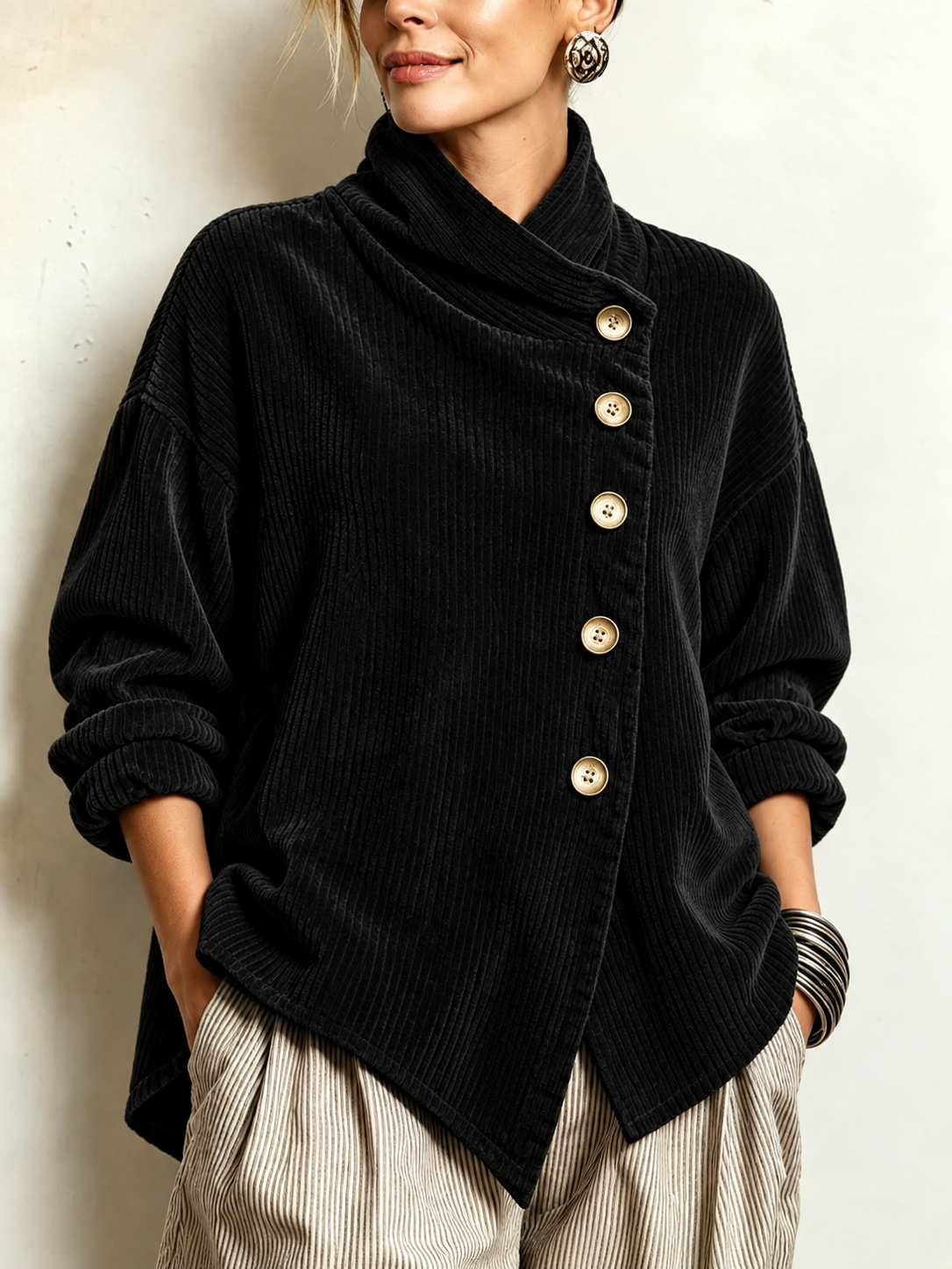 Autumn 2026 New Arrival – Women's Asymmetrical Loose-Fit Dropped-Shoulder Jacket with Diagonal Button Closure