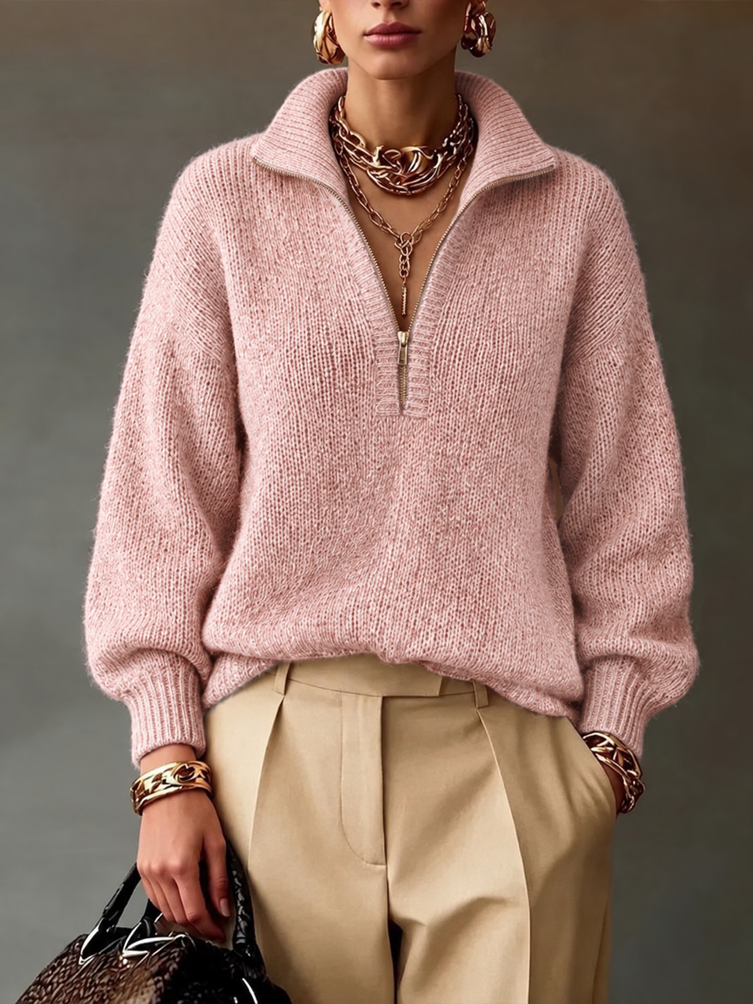 Half Zip Collar Relaxed Knit Sweater