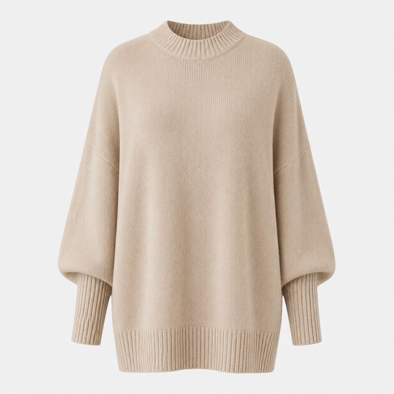 Beige oversized mock neck sweater with batwing sleeves and ribbed hem