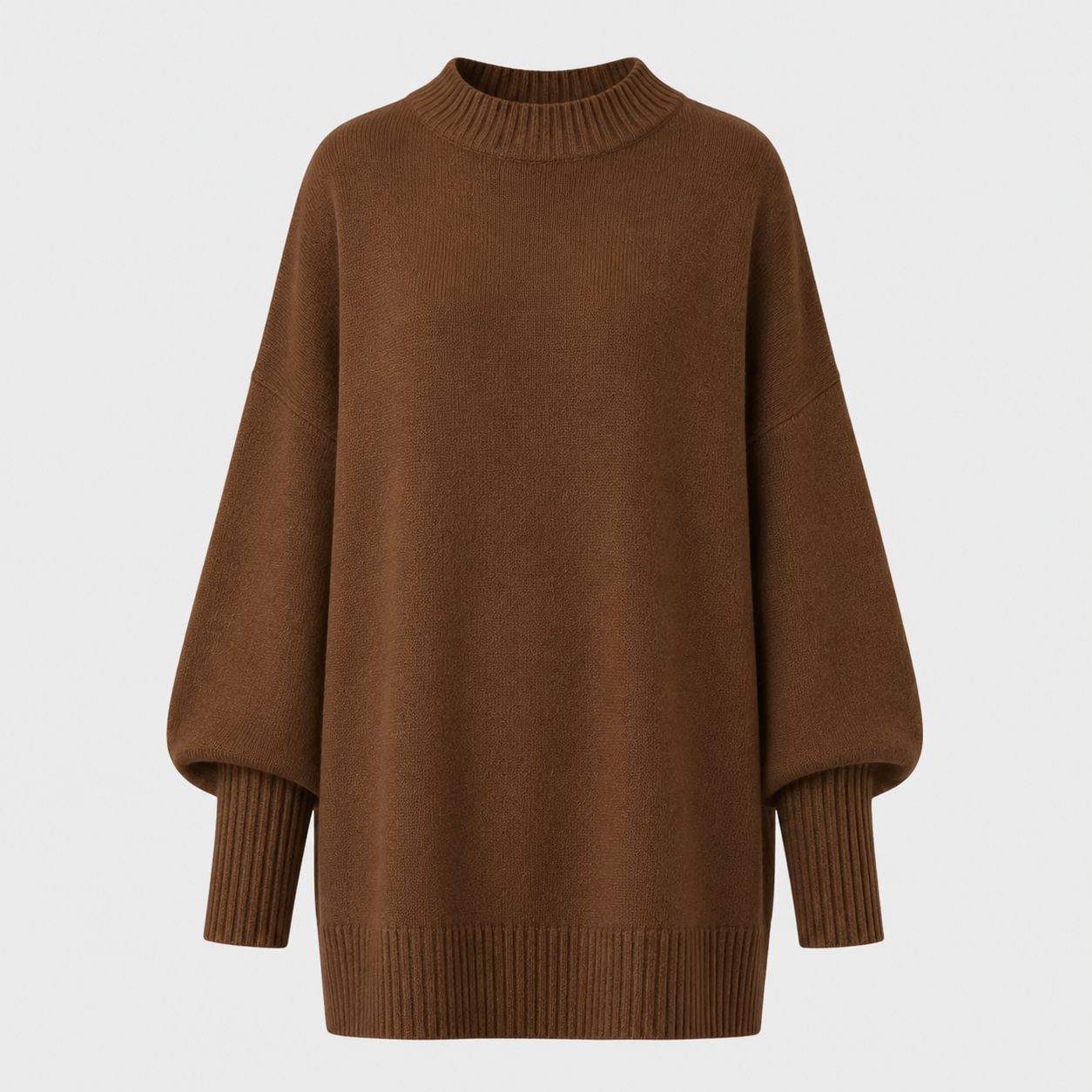 Brown oversized knit sweater with a high ribbed neckline and relaxed sleeves