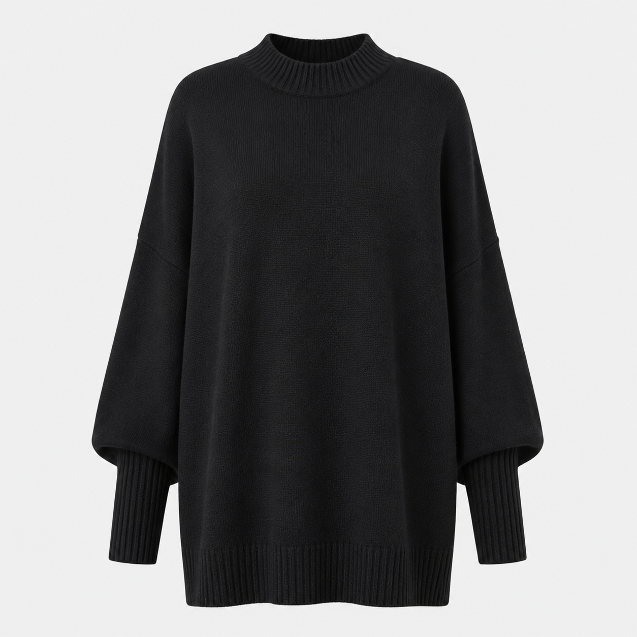 Black oversized mock neck sweater with ribbed cuffs and hem