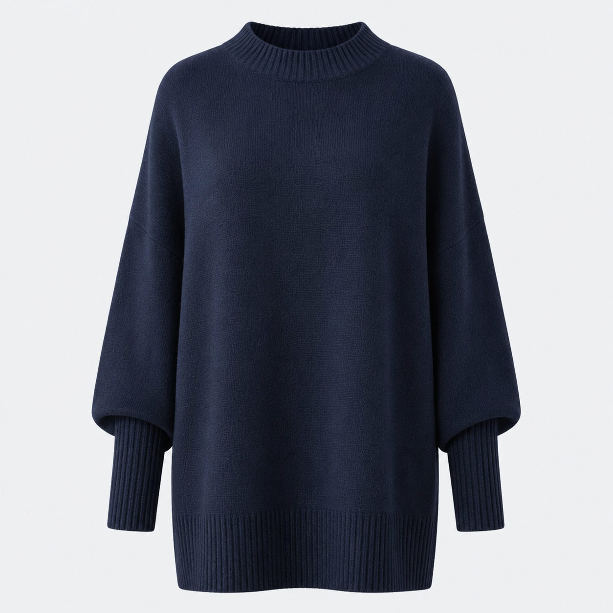 Blue oversized mock neck sweater with long ribbed cuffs and a wide hem