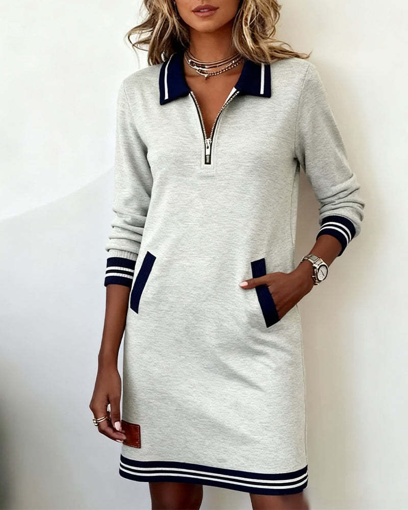 Long Sleeve Dress with Zipper and Lapel Collar