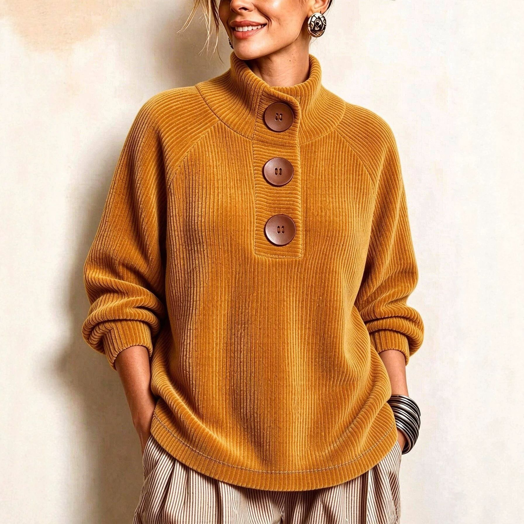 Cozy Button-Accented Ribbed Knit Sweater