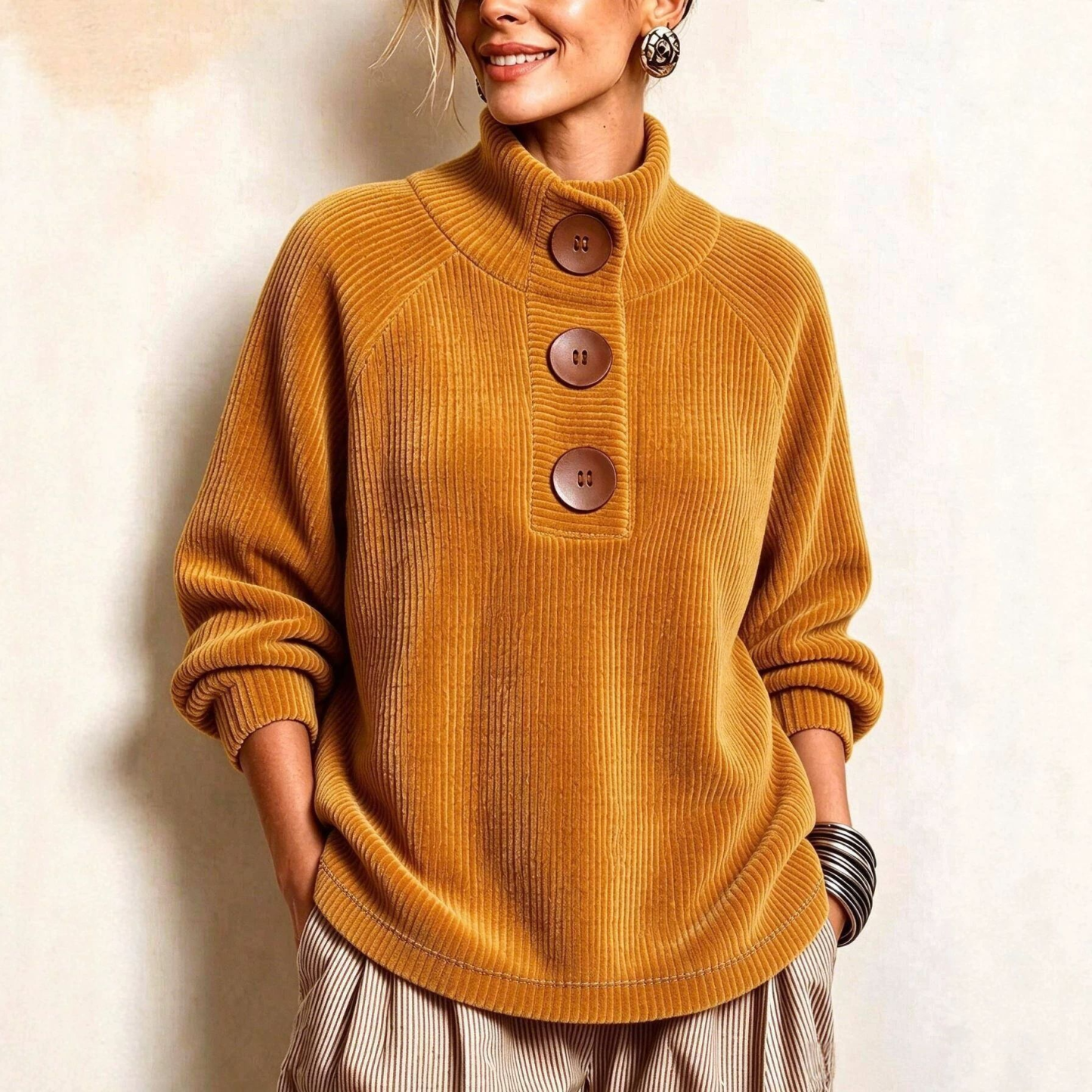 Cozy Button-Accented Ribbed Knit Sweater