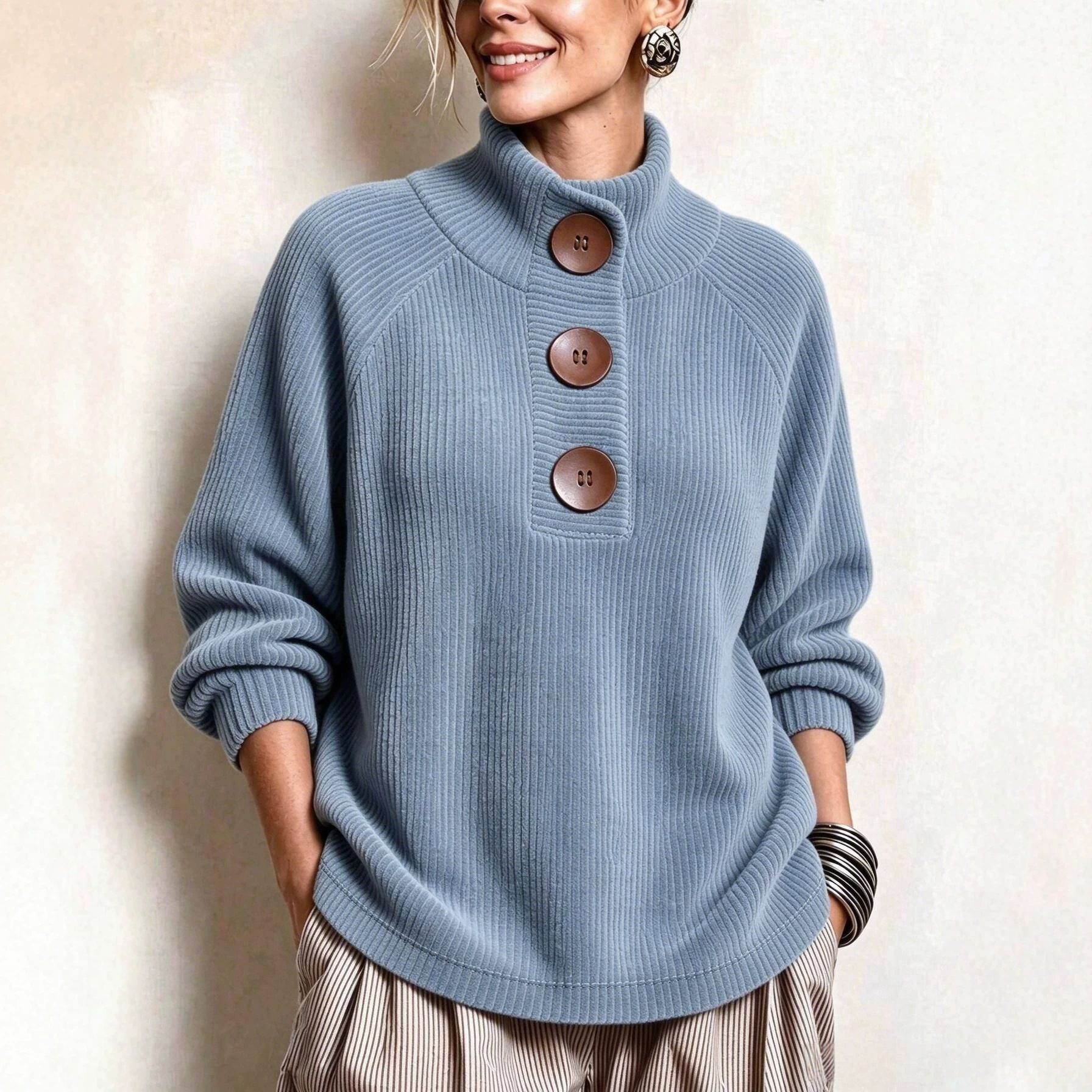 Cozy Button-Accented Ribbed Knit Sweater