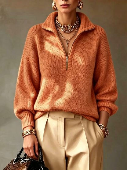 Half Zip Collar Relaxed Knit Sweater