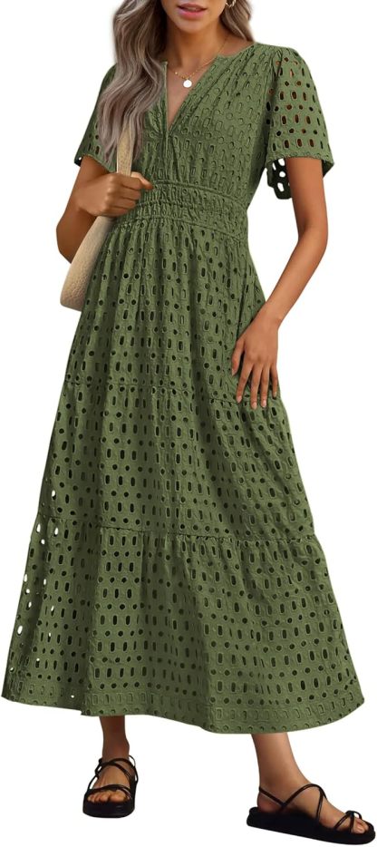 NEW 🔥Womens 2026 Summer Maxi Dress Short Sleeve V Neck Hollow Out Eyelet A Line Dresses