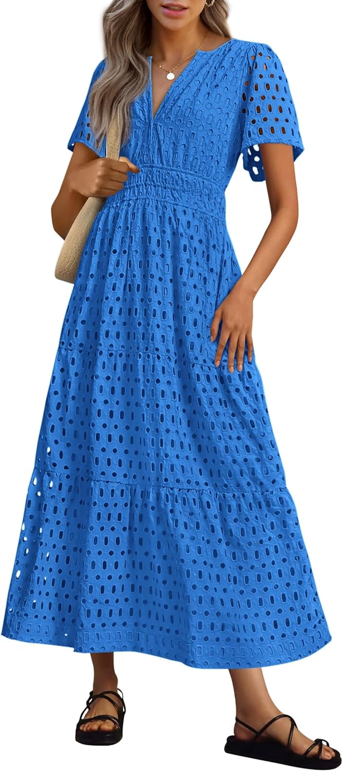 NEW 🔥Womens 2026 Summer Maxi Dress Short Sleeve V Neck Hollow Out Eyelet A Line Dresses