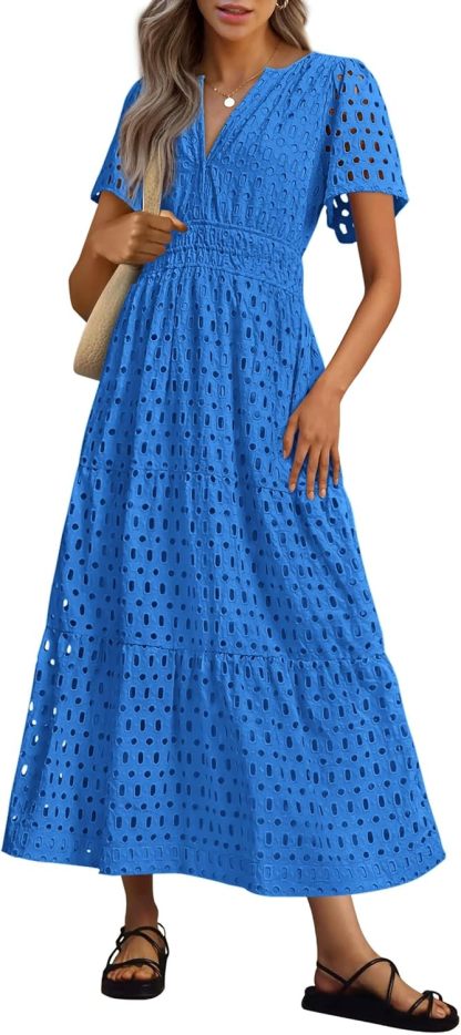 NEW 🔥Womens 2026 Summer Maxi Dress Short Sleeve V Neck Hollow Out Eyelet A Line Dresses
