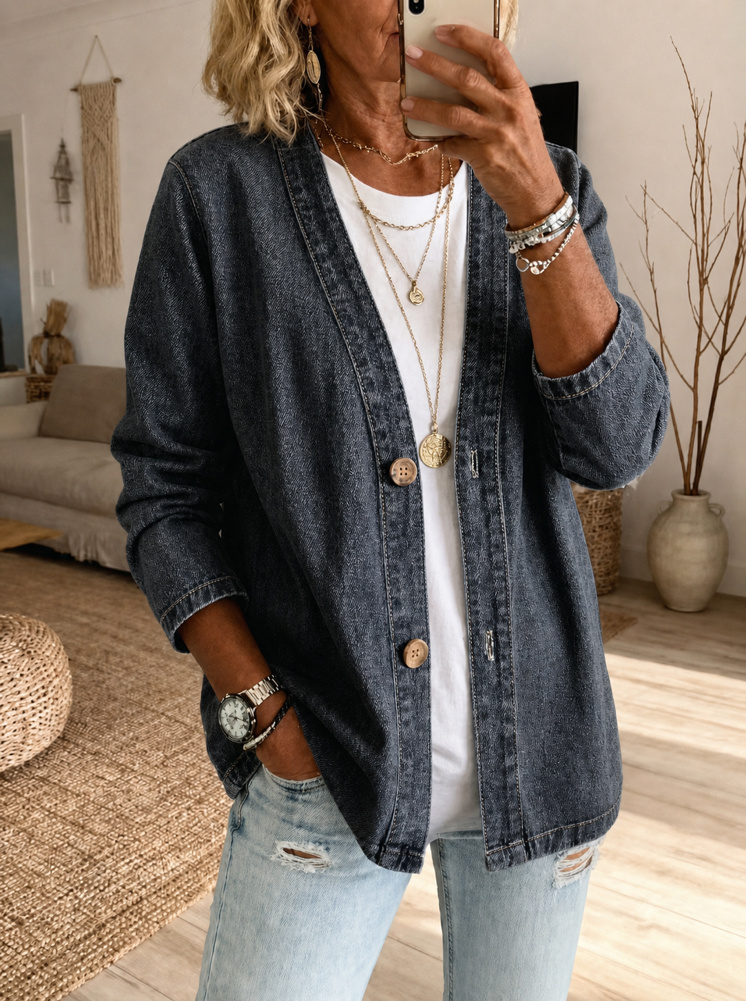 🧥 50% OFF!✨ Classic V-Neck Denim Top 💙