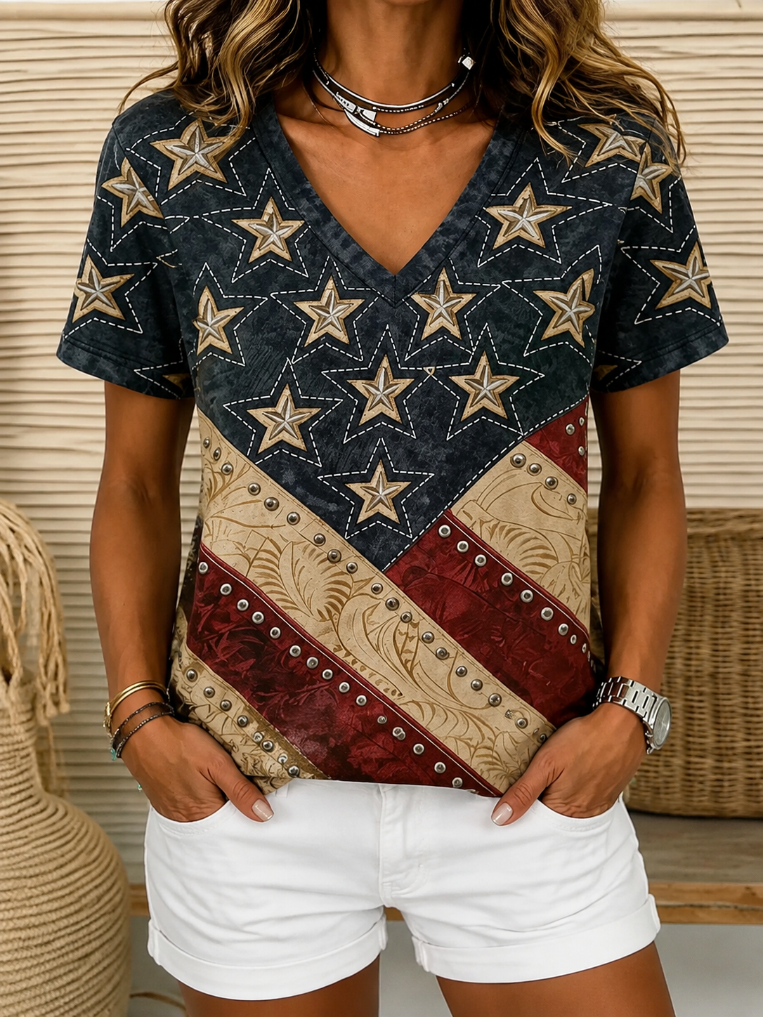 Summer Small V-neck Long-sleeved Floral Print Simple Casual Elegant T-shirt