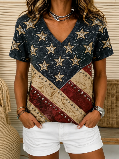 Summer Small V-neck Long-sleeved Floral Print Simple Casual Elegant T-shirt