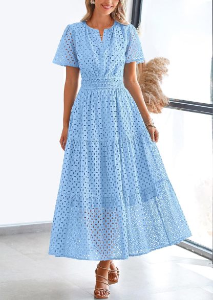 NEW 🔥Womens 2026 Summer Maxi Dress Short Sleeve V Neck Hollow Out Eyelet A Line Dresses