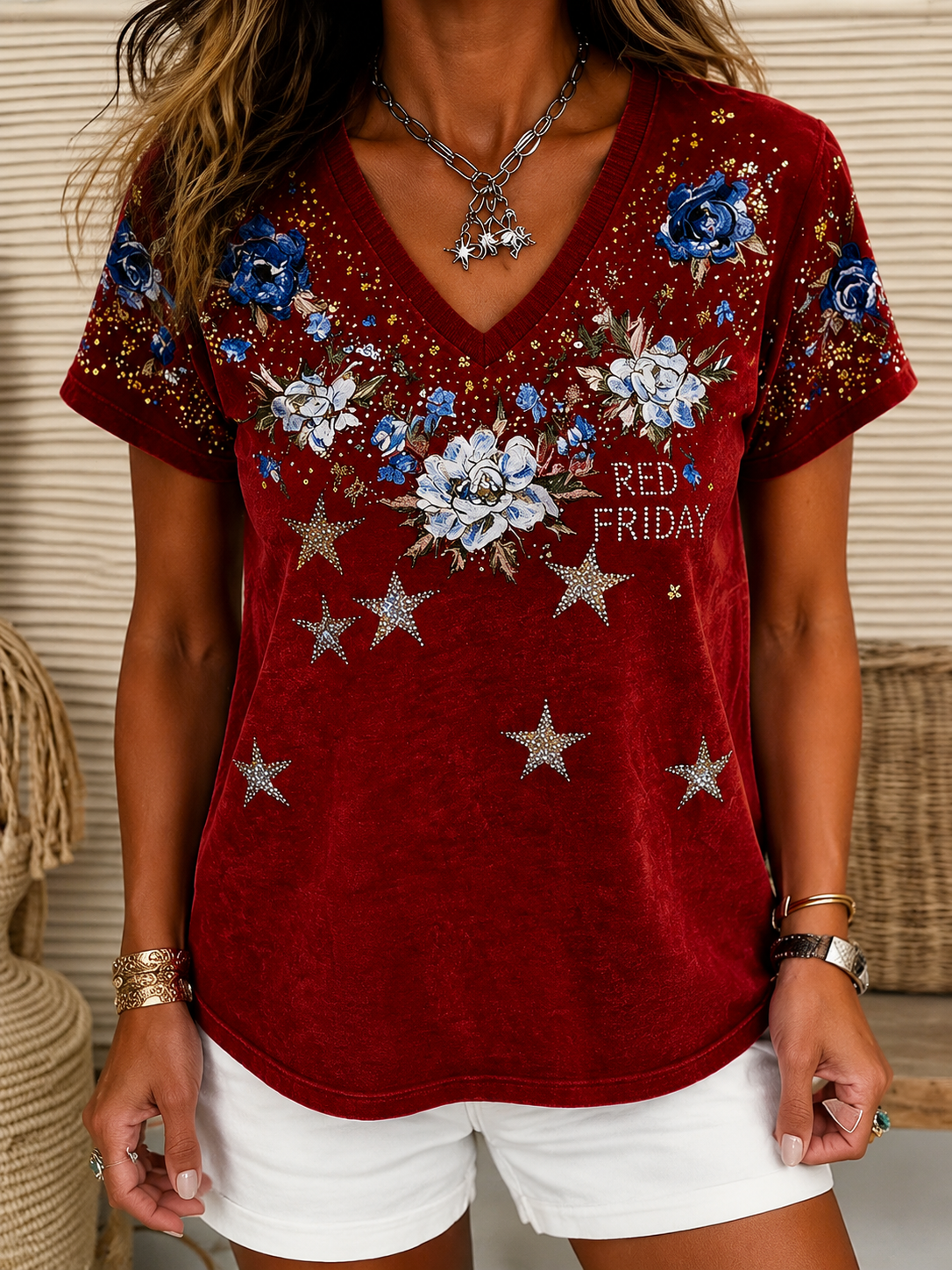 Summer Small V-neck Long-sleeved Floral Print Simple Casual Elegant T-shirt