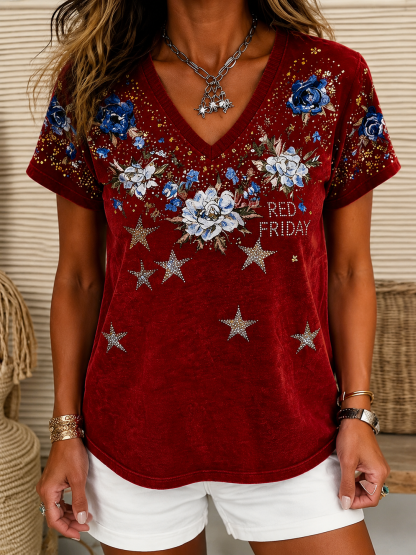 Summer Small V-neck Long-sleeved Floral Print Simple Casual Elegant T-shirt