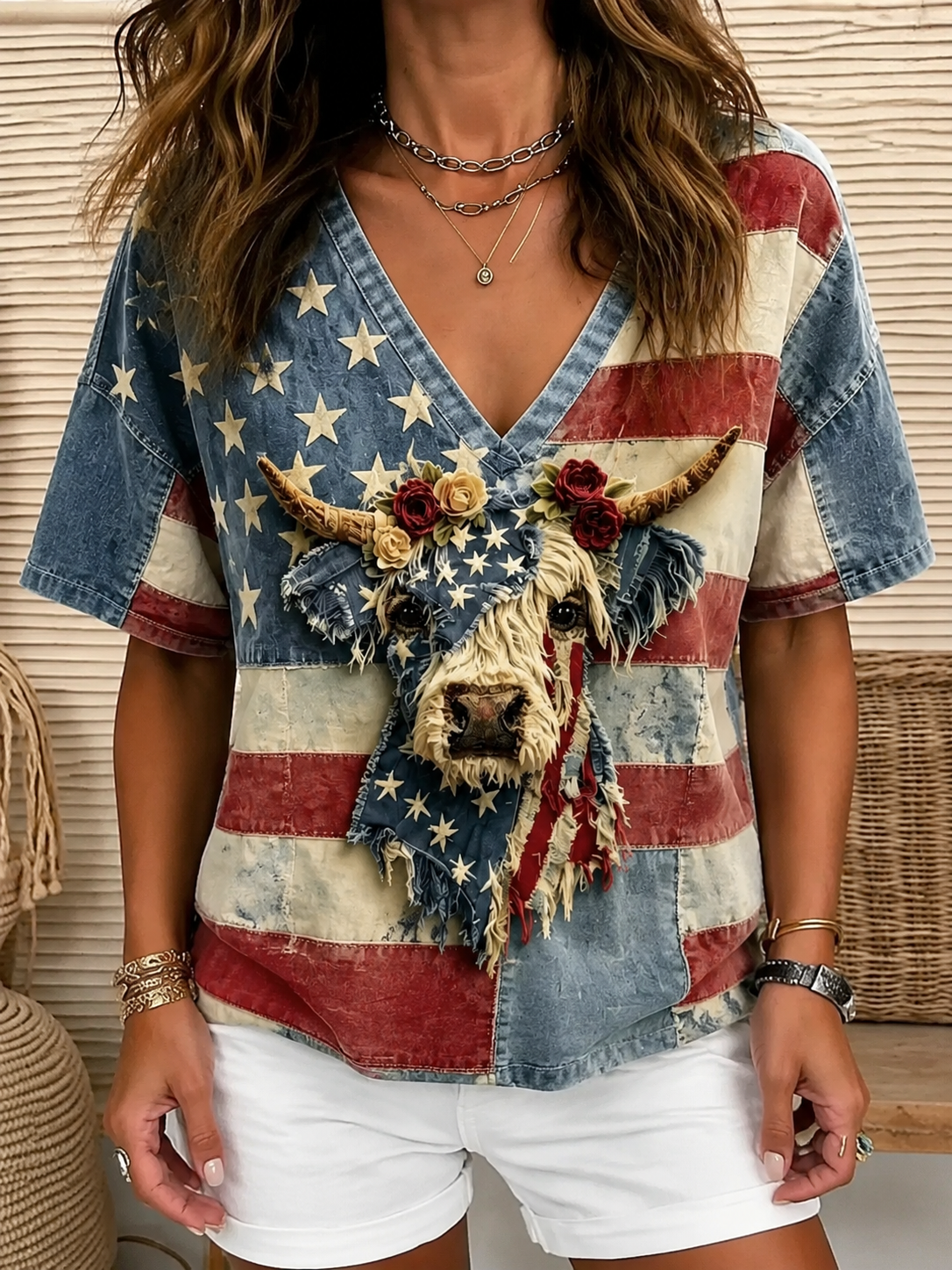 Summer Small V-neck Long-sleeved Floral Print Simple Casual Elegant T-shirt