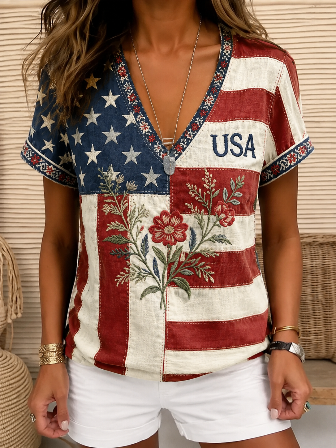Summer Small V-neck Long-sleeved Floral Print Simple Casual Elegant T-shirt