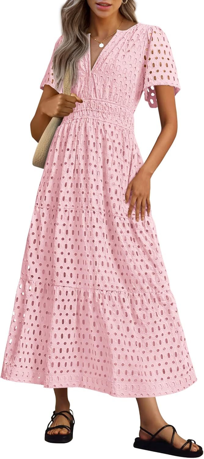 NEW 🔥Womens 2026 Summer Maxi Dress Short Sleeve V Neck Hollow Out Eyelet A Line Dresses