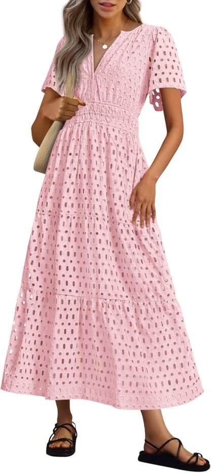 NEW 🔥Womens 2026 Summer Maxi Dress Short Sleeve V Neck Hollow Out Eyelet A Line Dresses