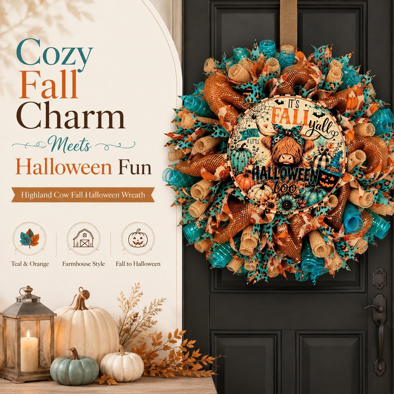 🐮🍂 Highland Cow Fall Wreath – Cozy Autumn & Halloween Door Decor 🚪🎁