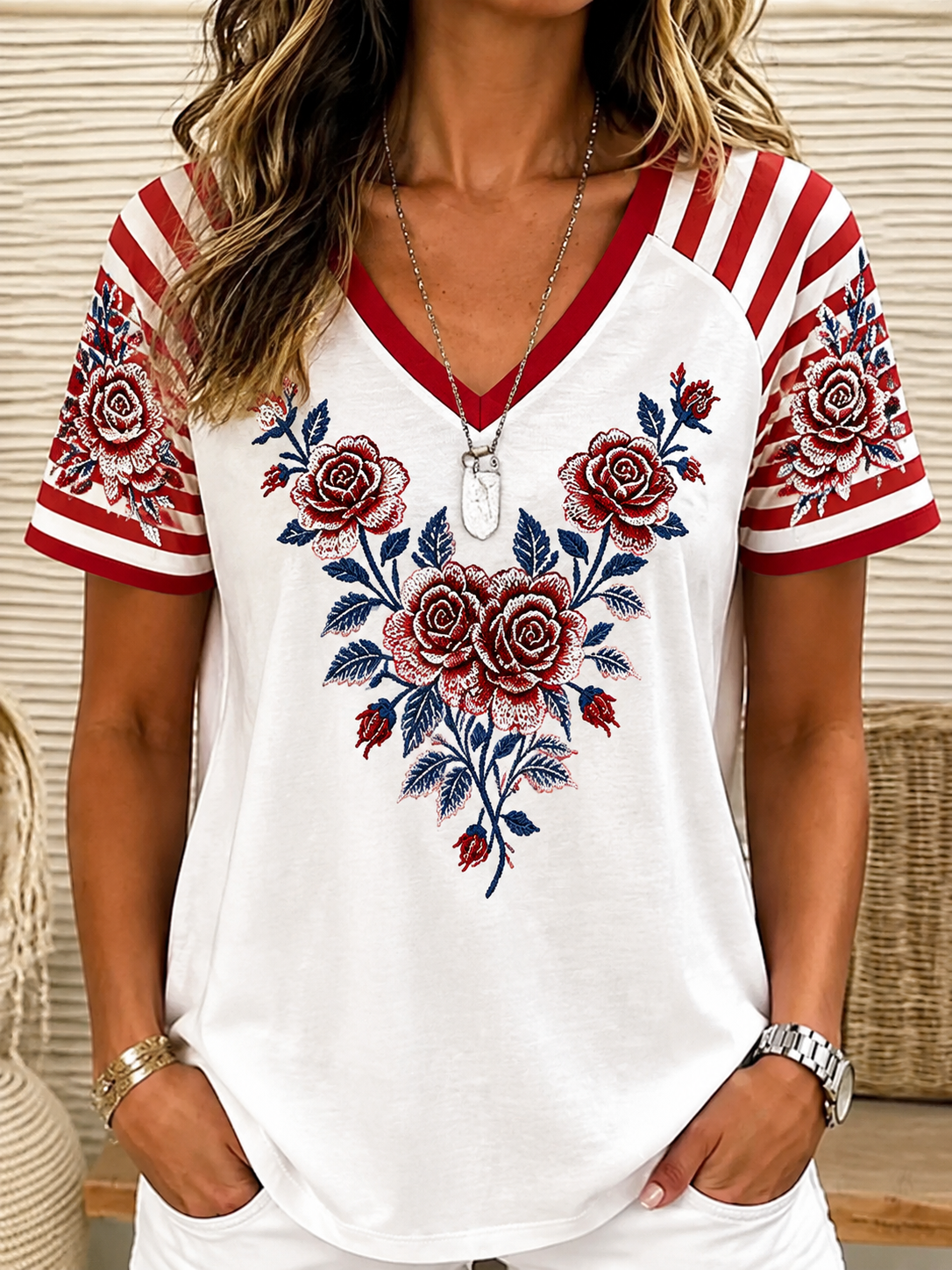 Summer Small V-neck Long-sleeved Floral Print Simple Casual Elegant T-shirt