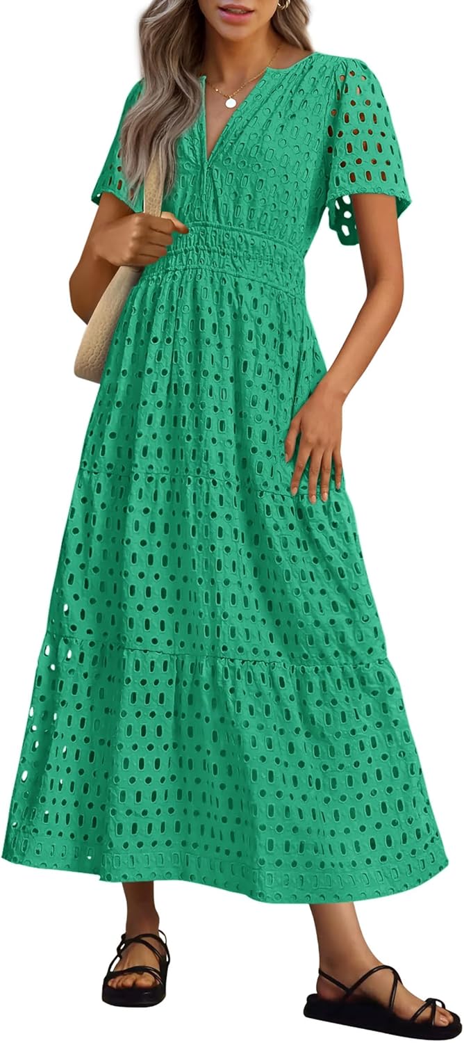 NEW 🔥Womens 2026 Summer Maxi Dress Short Sleeve V Neck Hollow Out Eyelet A Line Dresses