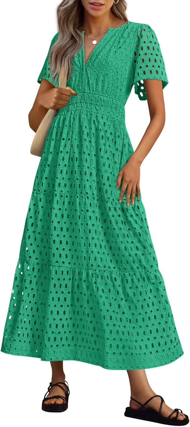 NEW 🔥Womens 2026 Summer Maxi Dress Short Sleeve V Neck Hollow Out Eyelet A Line Dresses