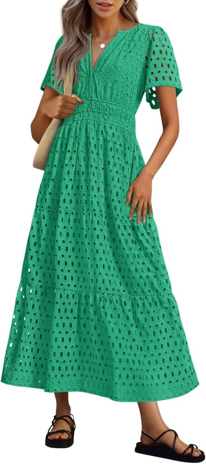 NEW 🔥Womens 2026 Summer Maxi Dress Short Sleeve V Neck Hollow Out Eyelet A Line Dresses