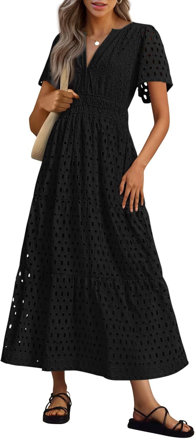 NEW 🔥Womens 2026 Summer Maxi Dress Short Sleeve V Neck Hollow Out Eyelet A Line Dresses