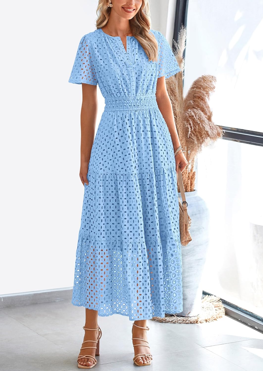 NEW 🔥Womens 2026 Summer Maxi Dress Short Sleeve V Neck Hollow Out Eyelet A Line Dresses