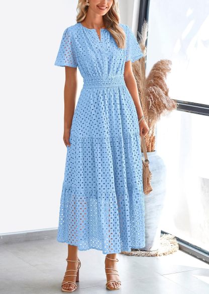 NEW 🔥Womens 2026 Summer Maxi Dress Short Sleeve V Neck Hollow Out Eyelet A Line Dresses
